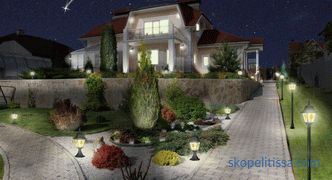 Iluminación de una parcela de una casa de campo, iluminación de calle decorativa exterior, opciones, fotos