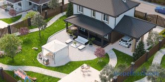 Diseño de opciones interesantes para sitios con una casa, un baño y un garaje + foto